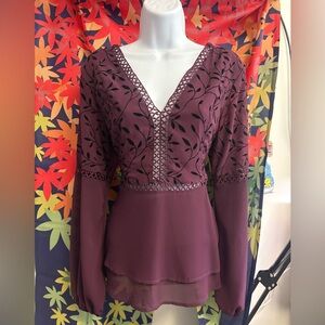 She-in Flowy Peplum Long Sleeve Blouse Plum Size L NWOT